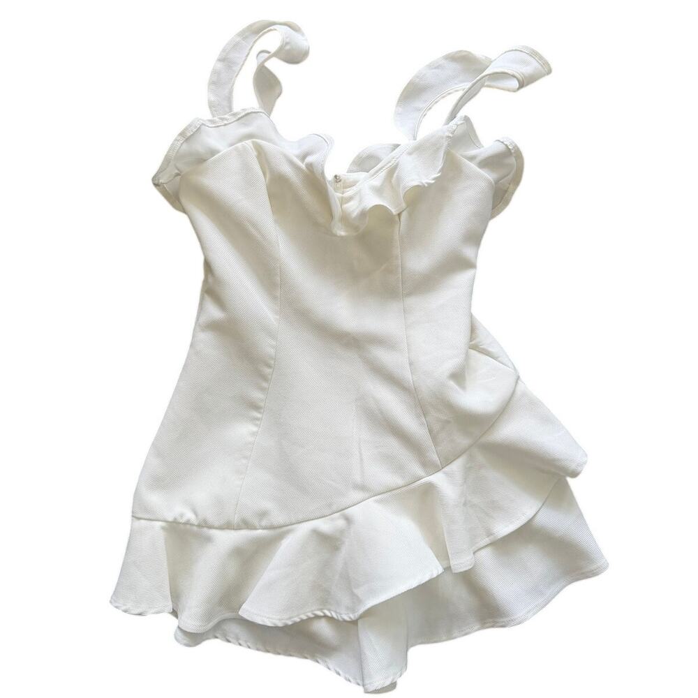 Saints + Secrets White Flutter Sleeve Ruffle Hem Corset Bodice Mini Dress